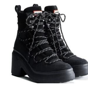HUNTER Discoverer Mid Lace-Up Heel Boots BLACK Size 10 NEW NWOB